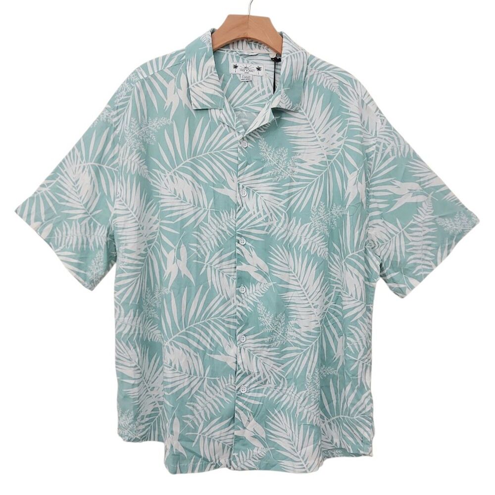 Free Planet Shirt Mens Large Green Short Sleeve Tropical Palm Hawaiian Coastal